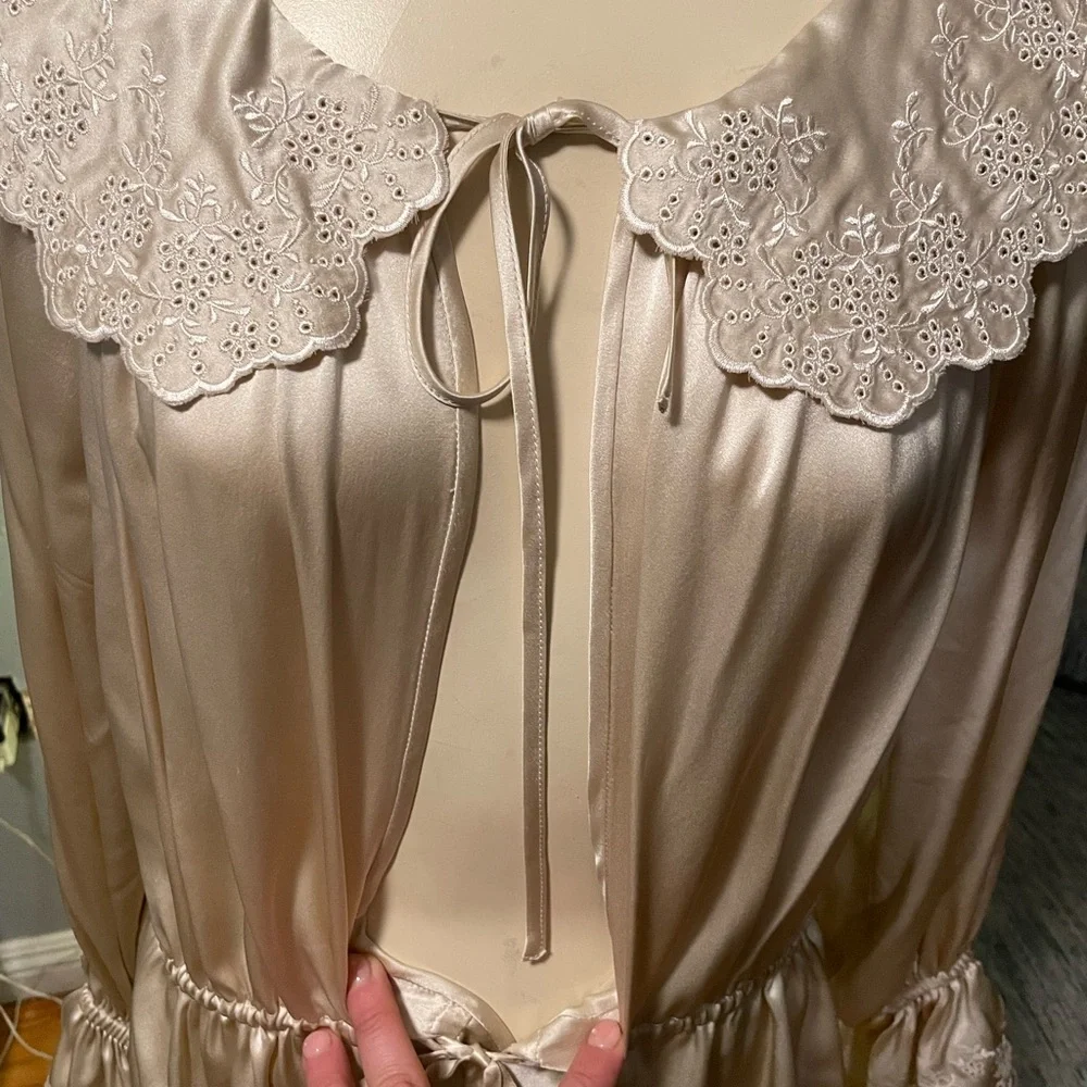Reformation Cream Satin Lace-Trim Peasant Blouse